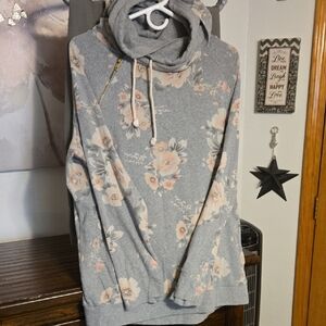 Ampersand Ave Floral Gray Hoodie with Pink Accents XXXL 3X